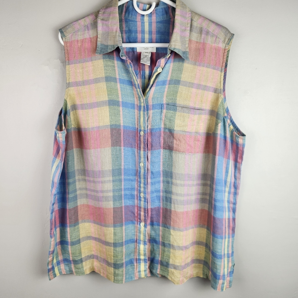 Vintage Jones New York Plaid 100% Linen Top 18W